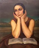 Janina Bobińska-Paszkowska, Nad książką, olej, płyta, 63