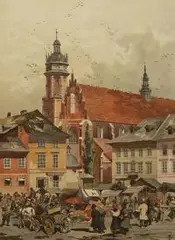 Stanisław Tondos, Widok na kościół Bożego Ciała w Krakowie, 1886 r., 1886, litografia barwna, papier, 28