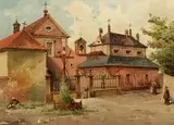 Stanisław Tondos, Widok na kościół Kapucynów w Krakowie, 1886 r., 1886, litografia barwna, papier