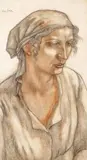 Portret kobiety w chustce (obraz dwustronny) by Eugeniusz Zak, kredki, papier, sold Mar 2017