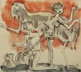 Otto Axer, Taniec z gitarą, 1974 r., 1974, tusz, akwarela, papier