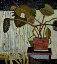 Łukasz Breitenbach, Filodendron na tle firany, 2016, 2016, olej, płótno
