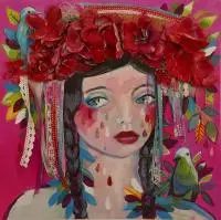 Paulina Maksjan, Krakowianka, 2016, 2016, akryl, kolaż, sztuczne kwiaty, płótno