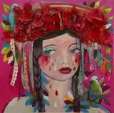 Paulina Maksjan, Krakowianka, 2016, 2016, akryl, kolaż, sztuczne kwiaty, płótno