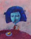 Maria Zelenova, Niebieska dziewczyna za stołem, 2016, 2016, akryl, kredki akwarelowe, papier na krośnie