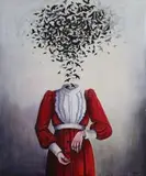 Viola Bąbol, Muza w czerwonej sukience (ostatni lot), 2016, 2016, akryl, płótno
