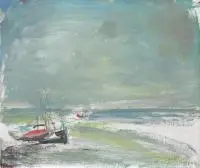 Marian Mokwa, Żaglówki przy plaży, olej, płótno, 48