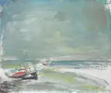 Żaglówki przy plaży by Marian Mokwa, olej, płótno, 48, sold Mar 2017