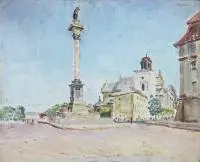 Ignacy Pinkas, Widok na Kolumnę Zygmunta w Warszawie, 1928 r., 1928, olej, tektura, 21