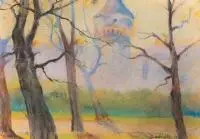 Roman Bratkowski, Widok z Plant na Basztę Sandomierską, pastel, gwasz, papier, 25