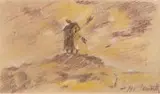 Bronisław Jamontt, Pejzaż z wiatrakiem, pastel, ołówek, papier, 16