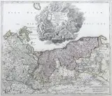 Johann Baptist Homann, Ducatus Pomeraniae novissima tabula in anteriorem et interiorem divisa?, Mapa Księstwa Pomorskiego, Norymberga, ok. 1720 r.; miedzioryt kolorowany, wym. 50
