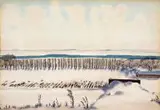 Rafał Malczewski, Krajobraz nad rzeką św. Wawrzyńca, akwarela, papier
