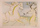 Jeździec i jeleń, z cyklu Bestiariusz La Fontaine'a, 1974 r. by Salvador Dalí, 1974, sucha igła, kolor z szablonu, papier Arches, wym. odcisku płyty 39, sold Jan 2017