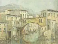 Stanisław Chachuła, Uliczka południowego miasteczka, 1971 r., 1971, olej, tektura