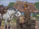 Jerzy Kossak, Ułan z koniem, 1936 r., 1936, olej, sklejka, 29