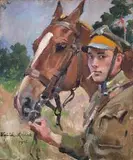 Ułan z koniem, 1926 r. by Wojciech Kossak, 1926, olej, płótno na tekturze, sold Nov 2016