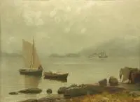 Hans Gude, Pejzaż morski, olej, deska