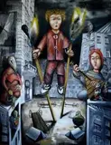 Polski Thomas, Fantasmagorie, Warszawa, 2016, 2016, akryl, olej, kolaż z autorskich fotomontaży architektury, doklejane płótno, płótno