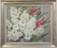 Gladiole by Jadwiga Matawowska, olej, deska, 48, sold Oct 2016