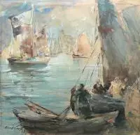 Marian Mokwa, Widok na port, przed 1945 r., akwarela, papier