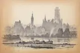 Antoni Suchanek, Panorama Gdańska znad Motławy, 1957 r., 1957, litografia, papier