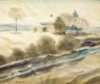 Rafał Malczewski, Pejzaż zimowy, akwarela, papier
