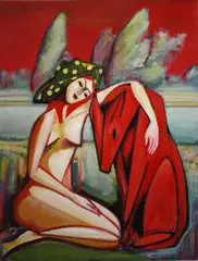 Maciej Cieśla, Dziewczyna z psem-czortem na polu, 2016, 2016, akryl, olej, płótno