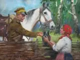 Ułan i dziewczyna, 1938 r. by Jerzy Kossak, 1938, olej, tektura, sold Aug 2016