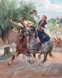 Drużbowie, 1934 r. by Wojciech Kossak, 1934, olej, tektura, sold Aug 2016