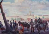 Fryderyk Pautsch, Na huculskim targu, olej, płótno naklejone na tekturę