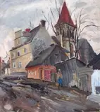 Stanisław Borysowski, Uliczka we Francji, 1933 r., 1933, olej, sklejka