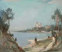 Marian Mokwa, Pejzaż z kościołem, olej, płótno