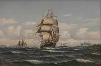 Lauritz Howe, Żaglowiec na tle zamku Kronborg, olej, płótno