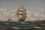 Lauritz Howe, Żaglowiec na tle zamku Kronborg, olej, płótno
