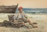 Tadeusz Rybkowski, Rybak z koszem, pastel, papier,
