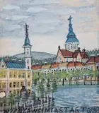 Miasteczko, 1963 r. by Nikifor Krynicki, 1963, akwarela, gwasz, papier, sold Jun 2016