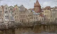 Adam Pełczyński, Targ Rybny w Gdańsku, 1918 r., 1918, olej, tektura