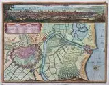 Erik J. Dahlberg, Dantiscum/ichnographia Urbi Gedani et Castelli?, Widok, plan i mapa okolic Gdańska; rycina pochodząca z dzieła S. Pufendorfa ? De Rebus a Carolo Gustavo??, Norymberga, 1696 r. miedzioryt kolorowany, papier