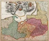 Johann Baptist Homann, Regnum Borussiae Gloriosis auspic?s Serenissimi e Potentissimi?, Mapa Królestwa Prus, wydana z okazji koronacji królewskiej Fryderyka I Pruskiego (Fryderyka III) w 1701 r.; pierwsza mapa Prus z naniesionymi drogami pocztowymi, Norymberga, przed 1715 r. miedzioryt k