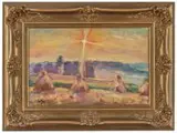 Pejzaż z kopami o zachodzie słońca by Wojciech Weiss, olej, tektura, 31, sold May 2016