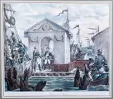 Entrevue sur le Niemen by Pierre Gautherot Charles Motte, Spotkanie Napoleona z cesarzem Aleksandrem I w Tylży 7 lipca 1807 roku; litografia kolorowana, papier; 35, sold Apr 2016