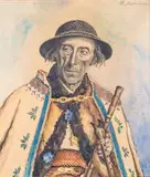 Franciszek Adam Jaźwiecki, Staszek Budz zwany Mrozem - Dudziarz z Poronina, kredka, akwarela, papier