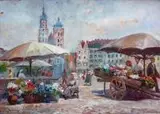 Juliusz Słabiak, Kwiaciarki na Rynku Głównym w Krakowie, olej, tektura, 34