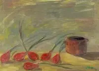 Eugeniusz Eibisch, Martwa natura z czerwonymi cebulami, olej, płótno