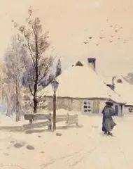 Michał Sozański, Pejzaż zimowy z chasydem, akwarela, papier, 25