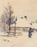 Michał Sozański, Pejzaż zimowy z chasydem, akwarela, papier, 25