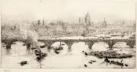 Rowland Langmaid, London Bridge, sucha igła, papier