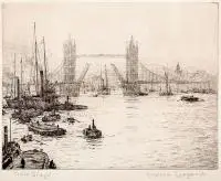 Rowland Langmaid, Tower Bridge, sucha igła, papier, 15