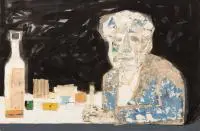 Marek Żuławski, Mężczyzna przy stole, 1968 r., 1968, technika mieszana (akwarela, tusz, collage), papier